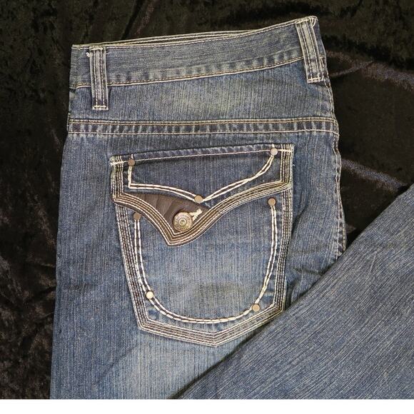 Mens Request Denim Jeans Embroidered 40x32 Leather Detail Back Patch Straight - Picture 4 of 14